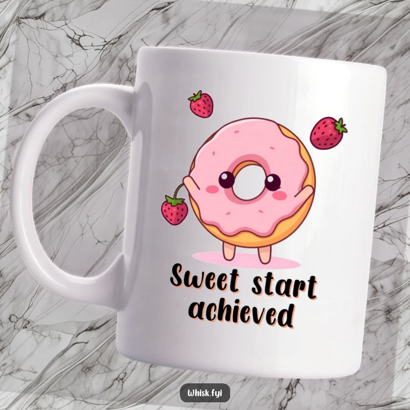 Funny mug featuring a cheerful donut character playfully tossing a small berry into the air with joy.