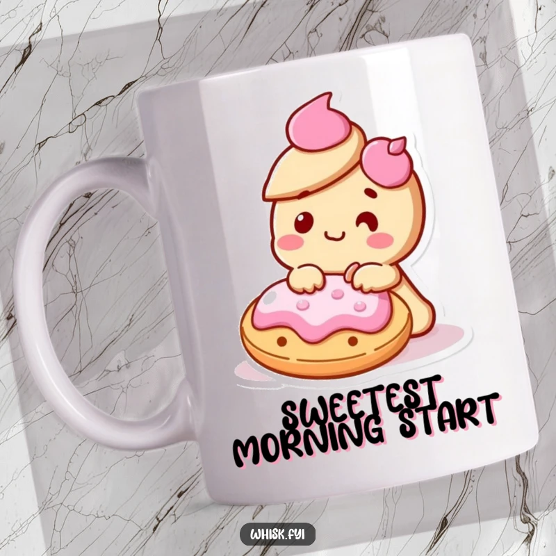 Funny Kawaii cookie character delighted and icing another cookie on a mug, showcasing creative joy.