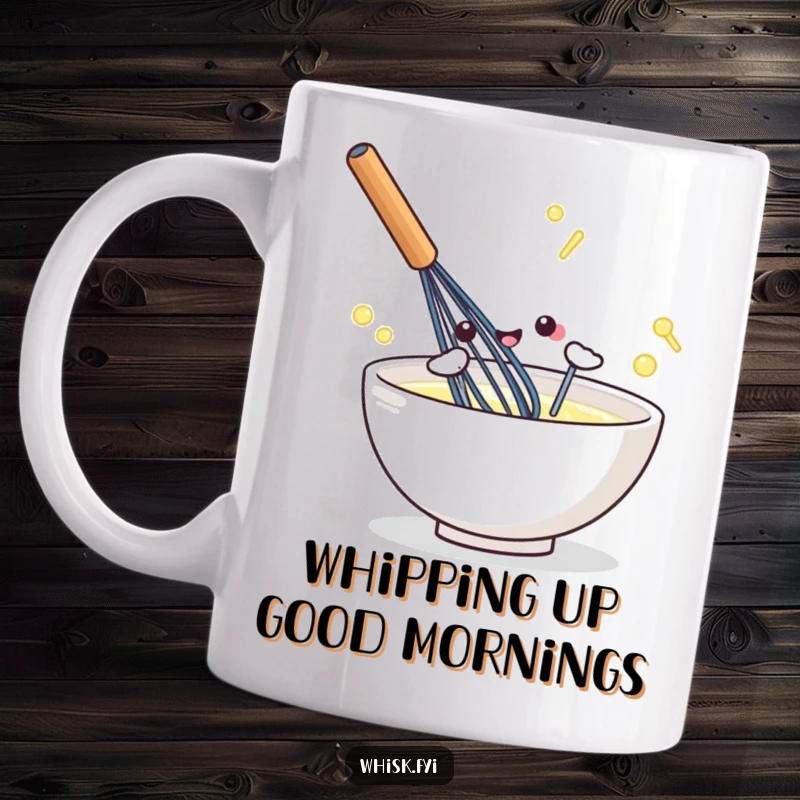 Funny kawaii mug featuring a whisk energetically stirring a bowl, radiating culinary joy and happiness.
