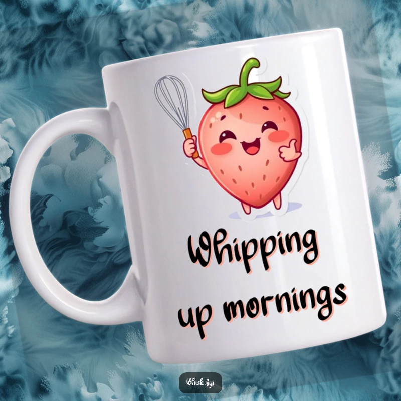 Funny strawberry mug featuring a happy strawberry character playfully holding a whisk, perfect for bakers and sweet treat lovers.