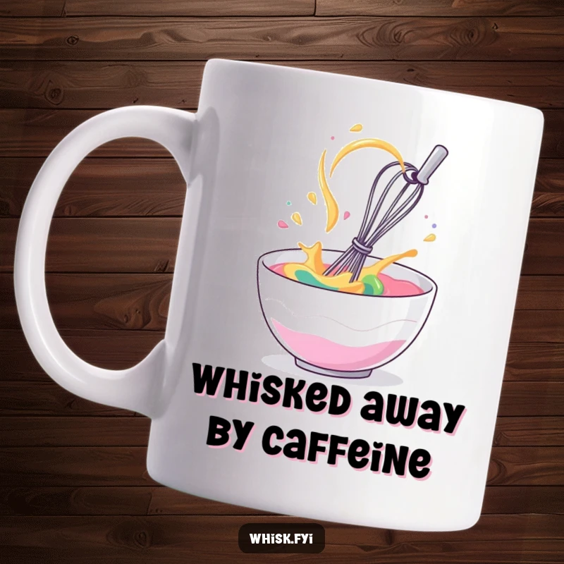 Funny mug showcasing a giggling whisk spinning rapidly in a bowl of colorful batter, capturing kitchen chaos.