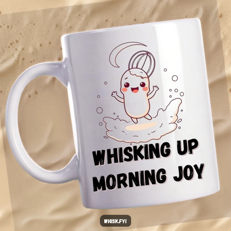 Funny mug with a happy, anthropomorphic whisk character twirling playfully in a cloud of flour, a cheerful baking theme.