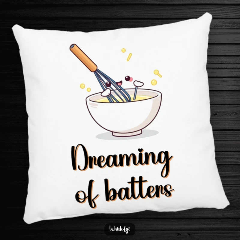 Funny kawaii pillow featuring a happy whisk performing energetic stirring motions, perfect for kitchen decor.