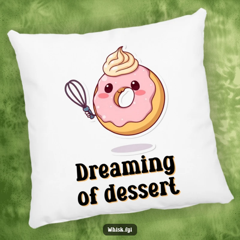 Funny donut character enthusiastically swirling frosting with a whisk, depicted on a plush pillow, offering comfort and a dose of sweet humor.