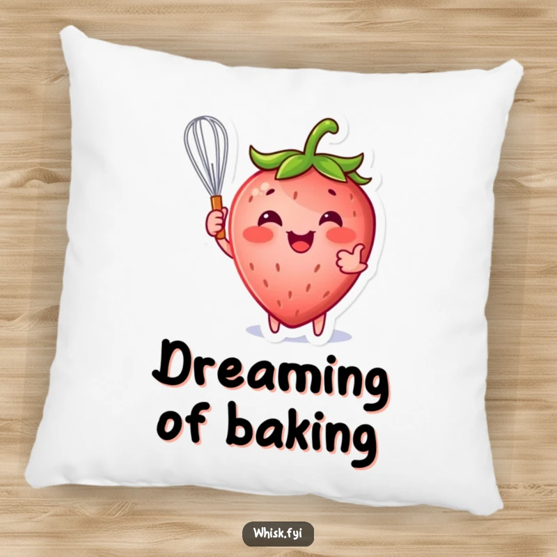 Funny strawberry pillow featuring a happy strawberry character playfully holding a whisk, perfect for comfort and decor.
