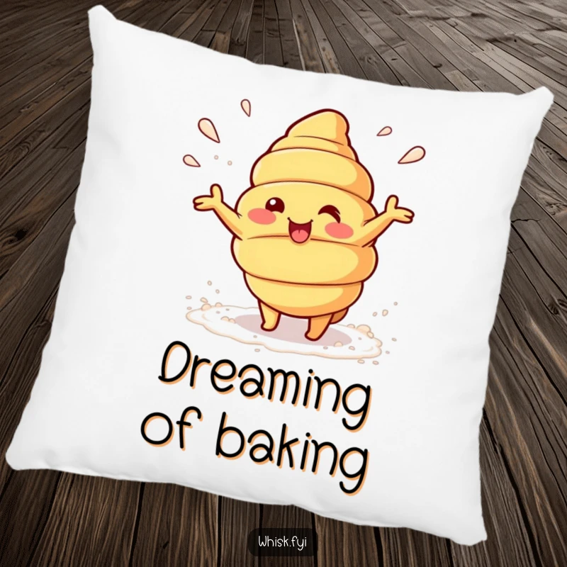 Funny Kawaii croissant character beaming and playfully tossing flour on a soft pillow, radiating warmth.