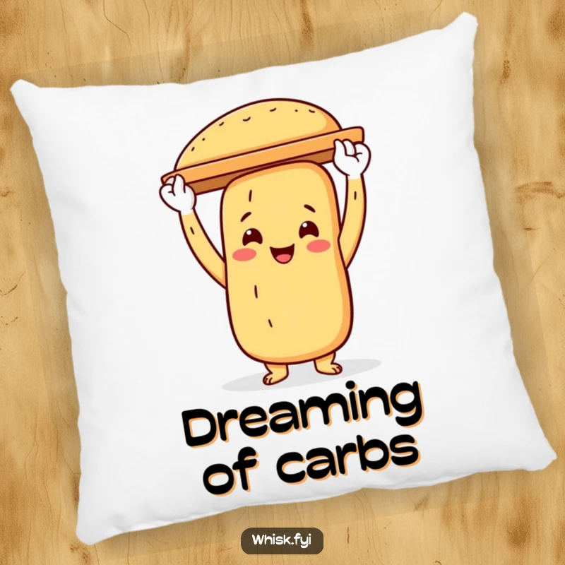 Funny baguette baker pillow featuring a proud baguette character holding a baking sheet, offering cozy comfort and humor.