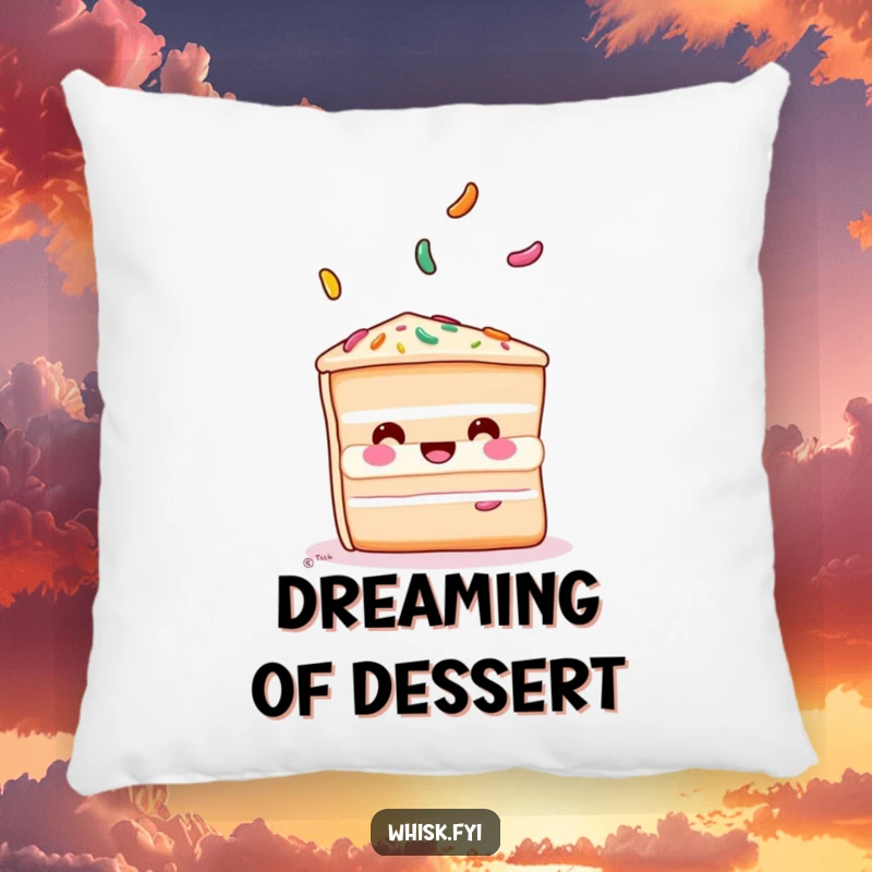 Funny cake pillow with a playful slice of cake juggling sprinkles, bringing cozy sweetness to any room.