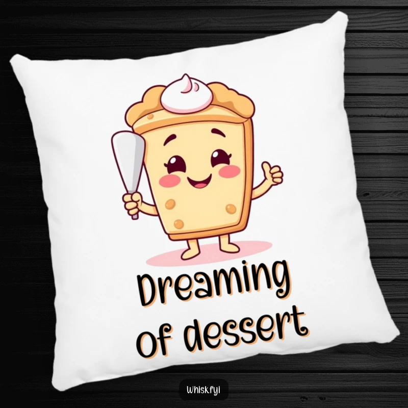 Funny smiling slice of pie character with a piping bag on a soft pillow, perfect for cozy kitchen vibes.