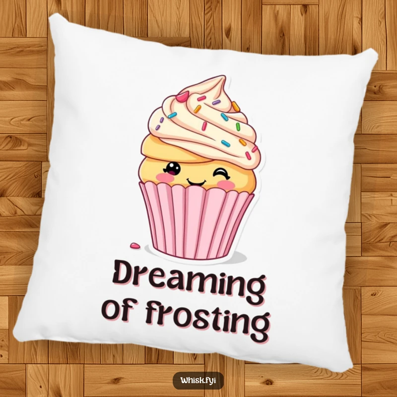 Funny pillow featuring a smiling cupcake decorating itself with sprinkles and frosting, providing humorous comfort and sweet decorative flair.