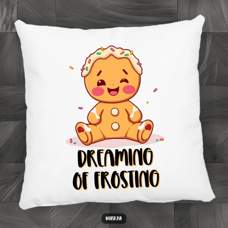 Funny gingerbread man pillow, joyfully decorating a treat with sprinkles, a soft and humorous decorative item.