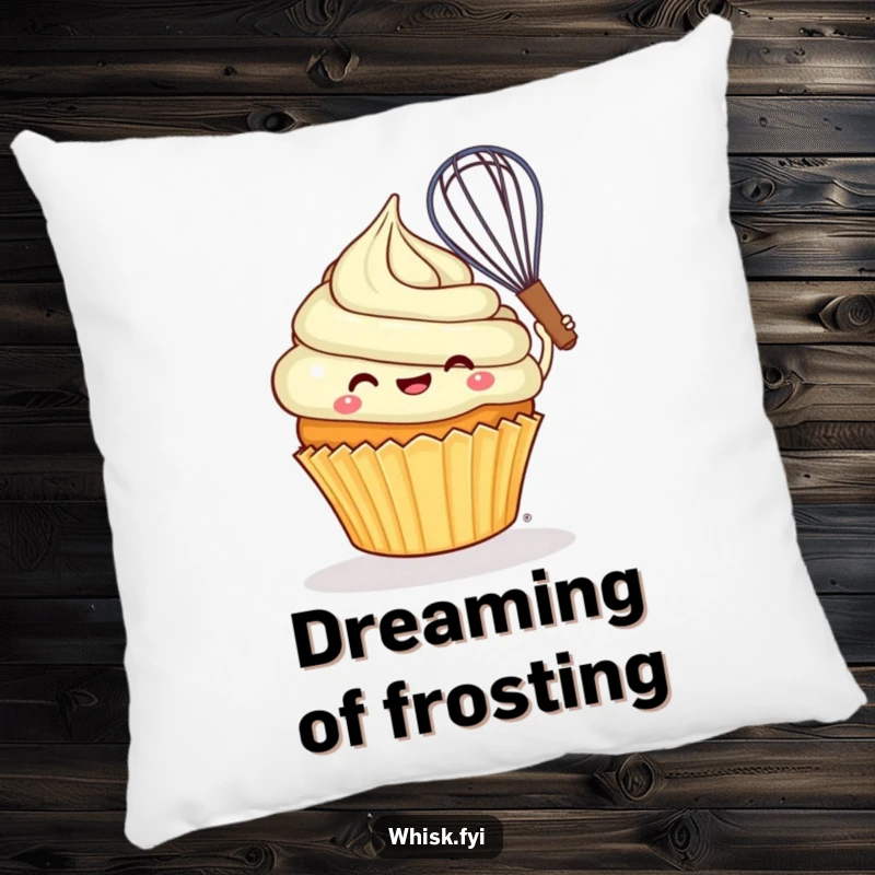 Funny cheerful cupcake joyfully swirling batter with a whisk on a soft, humorous pillow.