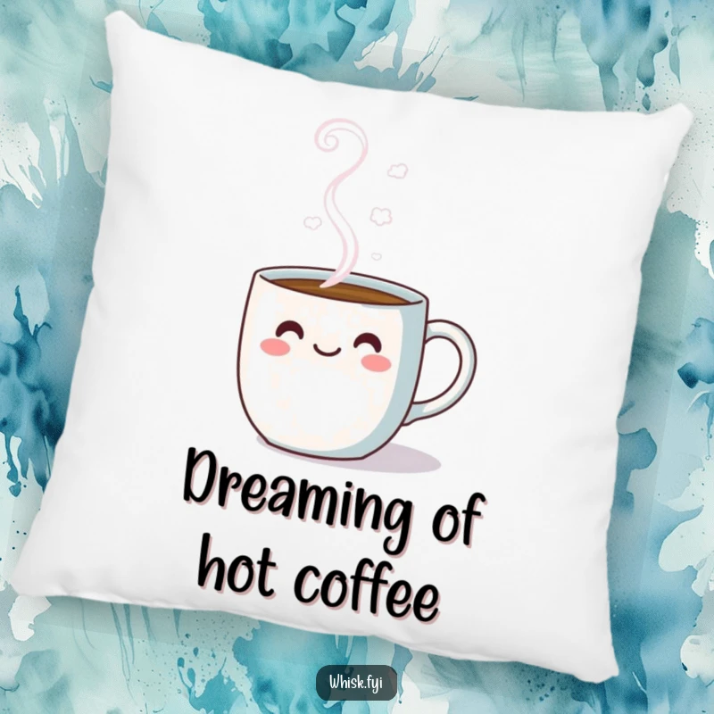Funny kawaii pillow featuring a cheerful coffee mug with happy steam, perfect for a cozy and cute accent.