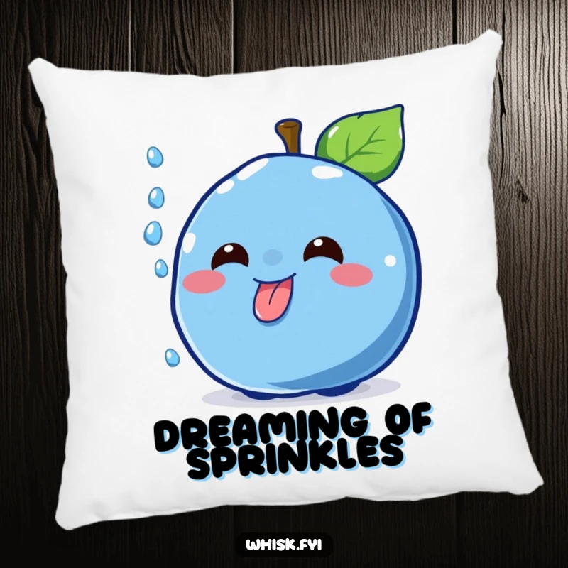 Funny cheerful blue blueberry character catching a sprinkle on a soft pillow, adding dessert humor to decor.