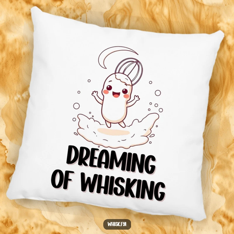 Funny pillow featuring a happy, anthropomorphic whisk character twirling playfully in a cloud of flour, a soft baking accent.