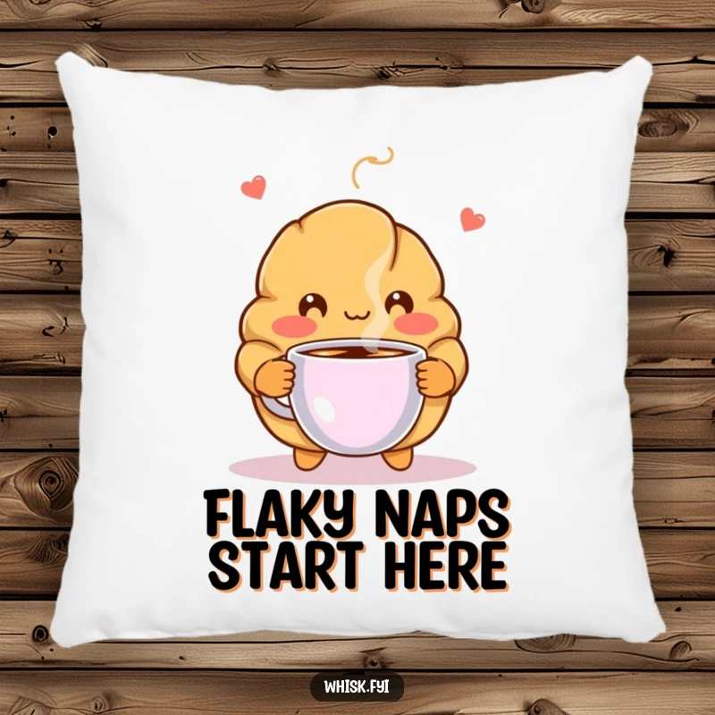 Funny pillow with a blushing croissant character offering coffee, providing a soft, warm, and humorous decorative touch.