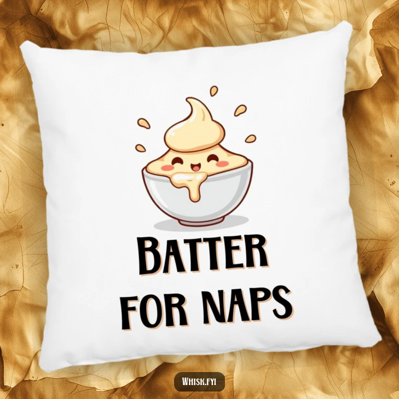Funny pillow featuring a charming, happy bowl of batter character spilling slightly, offering comfort and a touch of baking humor.