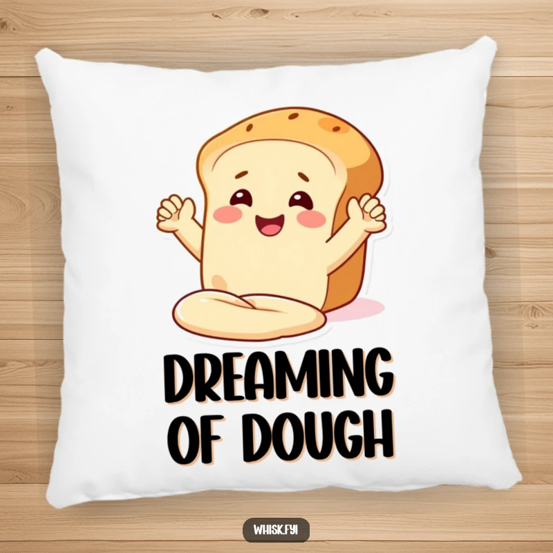 Funny pillow featuring a smiling bread loaf character with arms, enthusiastically kneading dough, for comfort and humor.