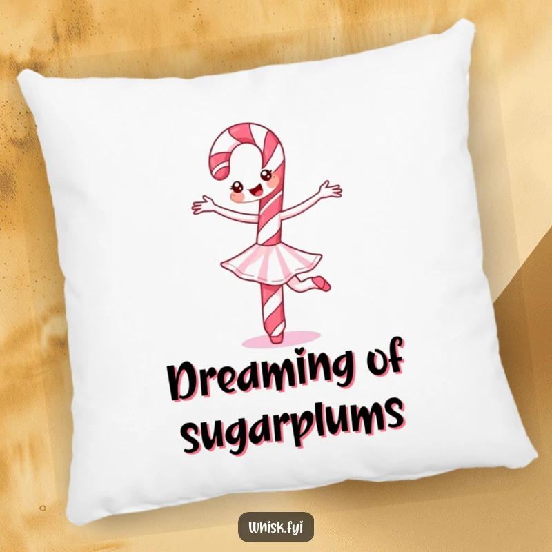 Funny Candy Cane Pillow showcasing a cheerful candy cane performing a ballet twirl, offering comfort and holiday-themed humor.