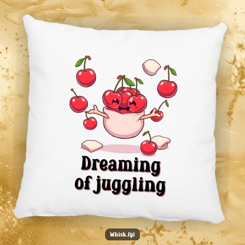 Funny playful bunch of cherries character juggling flour sacks on a soft pillow, perfect for cozy baking vibes.