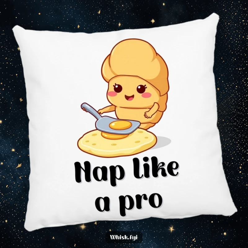 Funny smiling croissant expertly flipping a pancake with a spatula on a soft, humorous pillow.