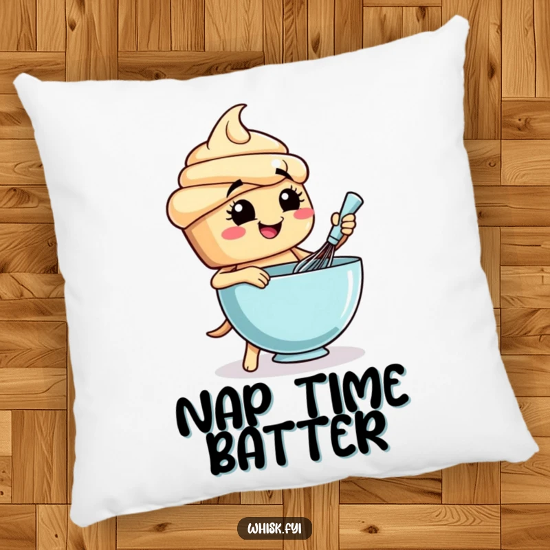 Funny cupcake pillow with a happy baker character thoroughly whisking a bowl of batter, adding comfort and charm.