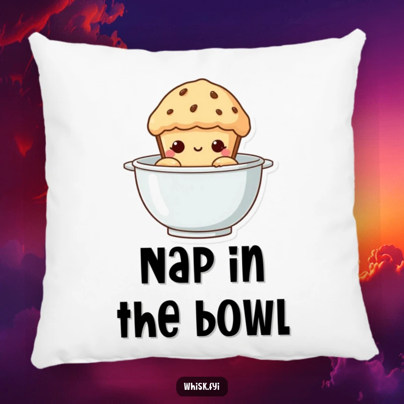 Funny Muffin Pillow: A fluffy pillow depicting a curious muffin peeking from a mixing bowl, offering comfort and a chuckle.