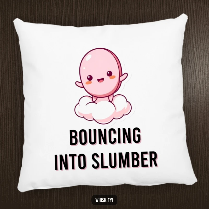 Funny pillow featuring a giddy macaron character bouncing on a cloud, providing soft comfort and a touch of whimsical humor.