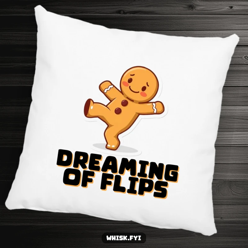 Funny cheerful gingerbread man character doing a cartwheel on a soft pillow, bringing cozy, baked cheer.