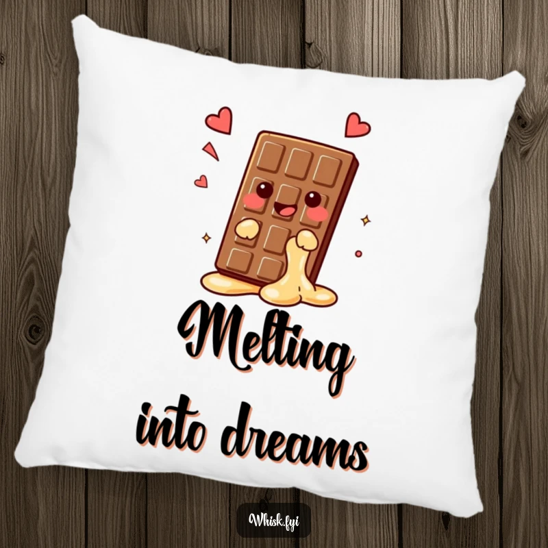Funny kawaii chocolate bar pillow, melting slightly with a happy sigh, soft and hilarious comfort for sweet dreams, perfect funny gift.