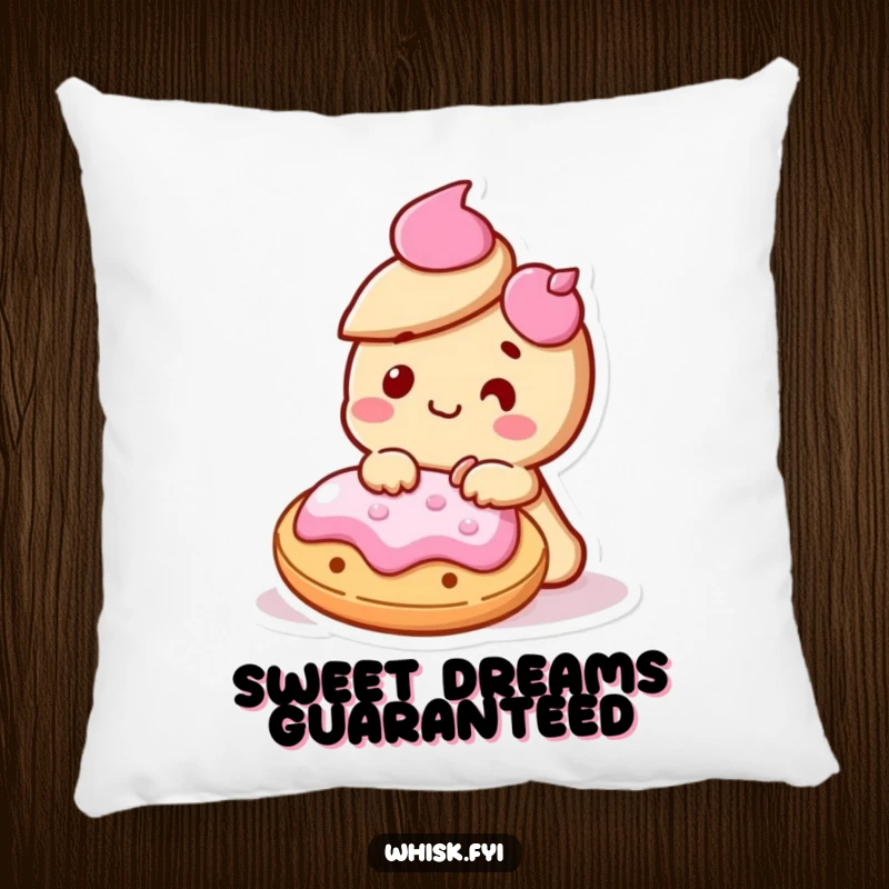 Funny Kawaii cookie character delighted and icing another cookie on a soft pillow, radiating creative coziness.