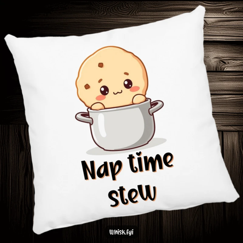 Funny kawaii cookie pillow with a cute cookie character curiously stirring a pot, perfect for cozy moments.