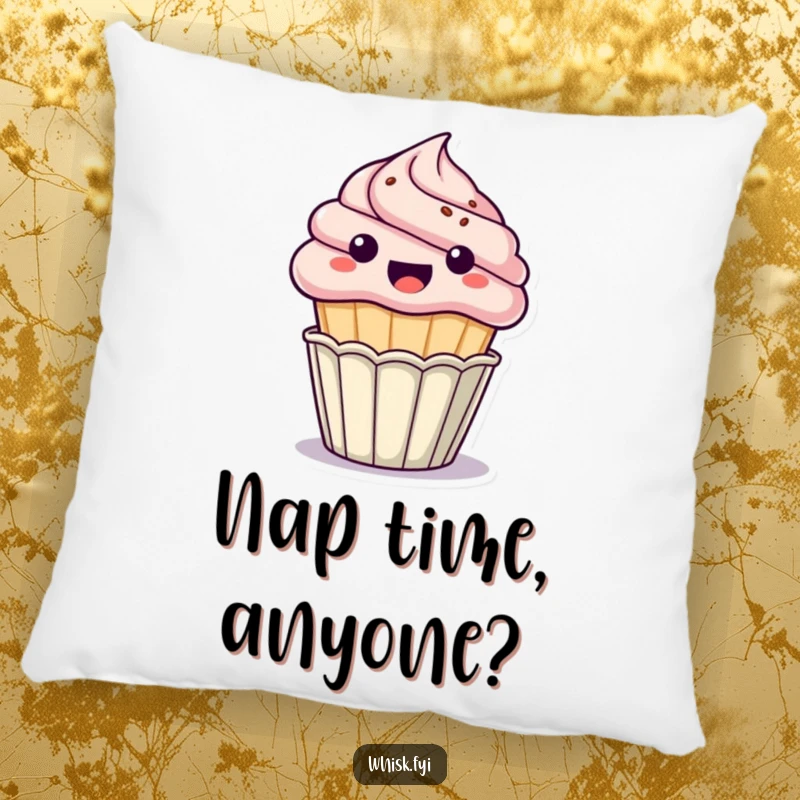 Funny kawaii cupcake pillow, excitedly popping out of its paper cup, soft and hilarious comfort for home, perfect funny gift.