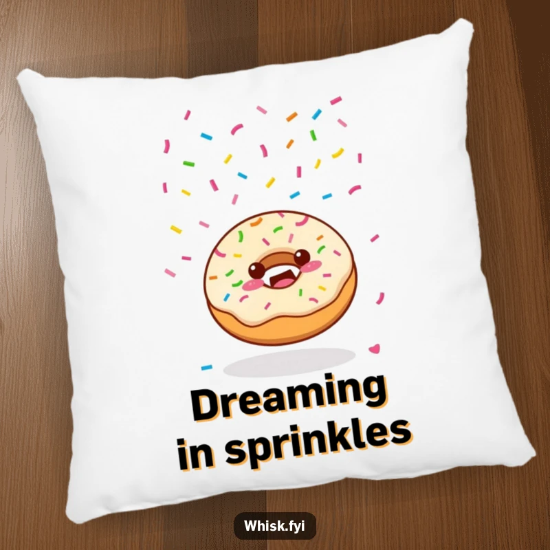 Funny Kawaii donut character joyfully scattering colorful sprinkles from above on a soft pillow, radiating sweetness.