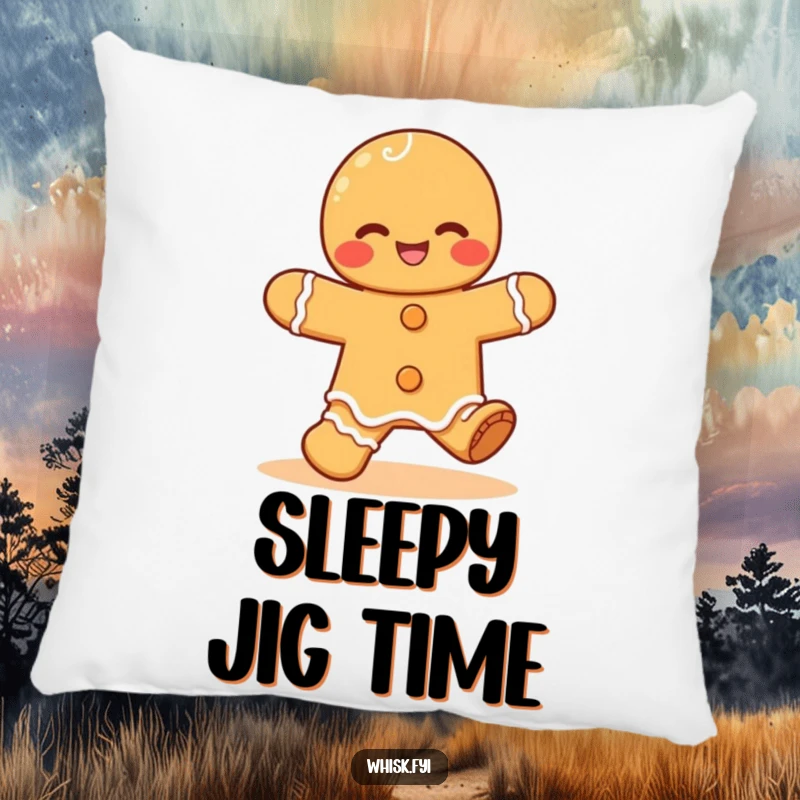 Funny Kawaii gingerbread pillow, featuring a cute gingerbread man doing a happy jig, offering sweet comfort and giggles.