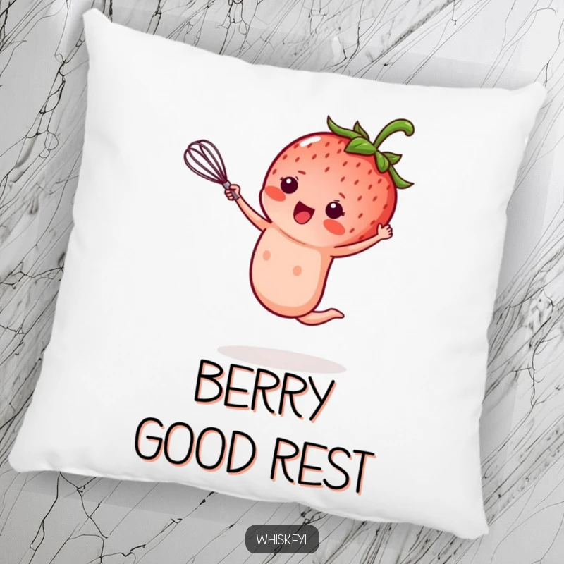 Funny kawaii strawberry pillow, performing a cartwheel while holding a tiny whisk, soft and hilarious baking comfort, perfect funny gift.