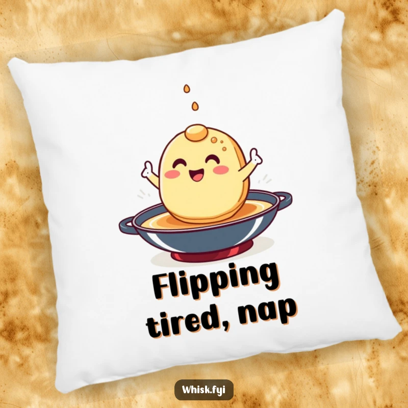 Funny pancake pillow with a happy character performing a flip in a hot pan, perfect for cozy mornings.