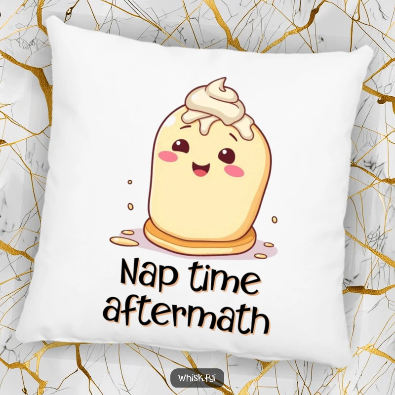 Funny pillow featuring a happy pancake character attempting to flip itself, splattered with frosting, offering a soft and humorous accent.