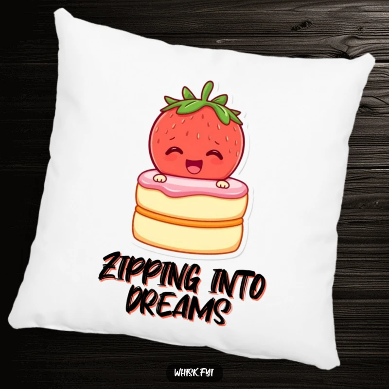 Funny pillow with a cheerful strawberry zipping cake layers together, offering comfort and a sweet baking theme.