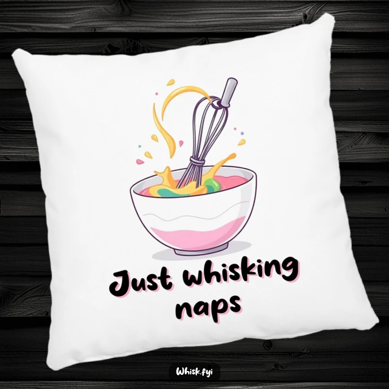Funny pillow depicting a giggling whisk in chaotic motion within a bowl of colorful batter, for comfort.