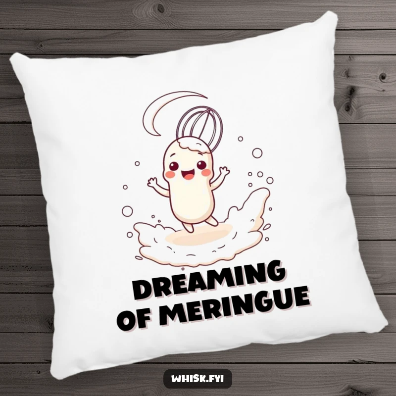 Funny, happy whisk character twirling in a flour cloud, printed on a soft, decorative pillow for kitchen or living room.
