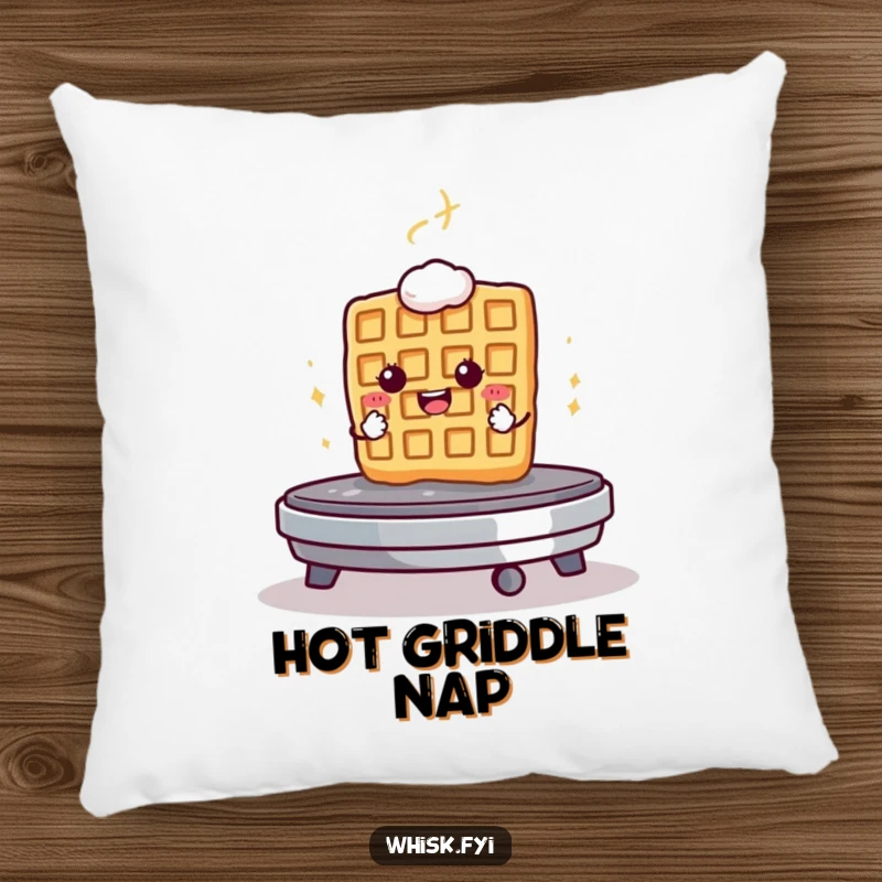 Funny pillow design of a determined waffle bravely facing a hot griddle, offering cozy comfort.