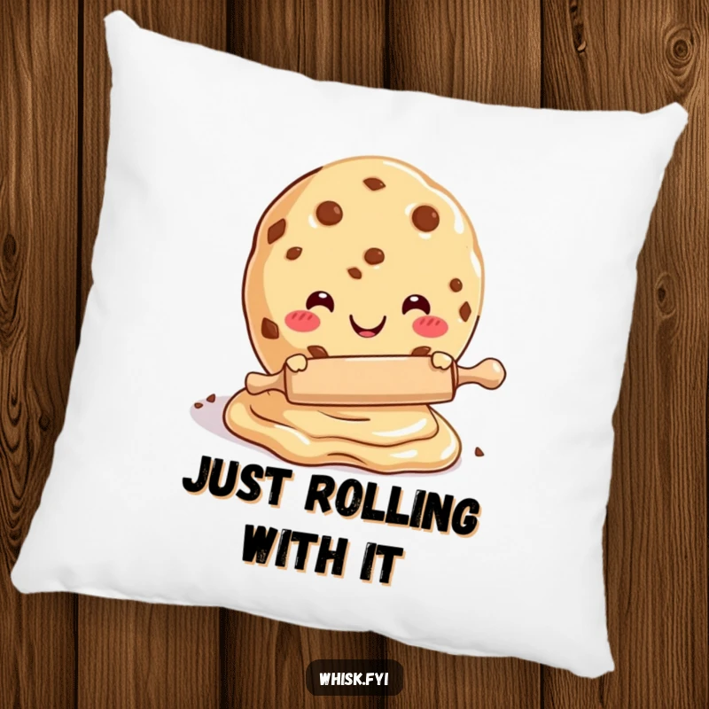 Funny pillow with a delightful cookie character rolling dough using a small pin, perfect for sofa or bed.