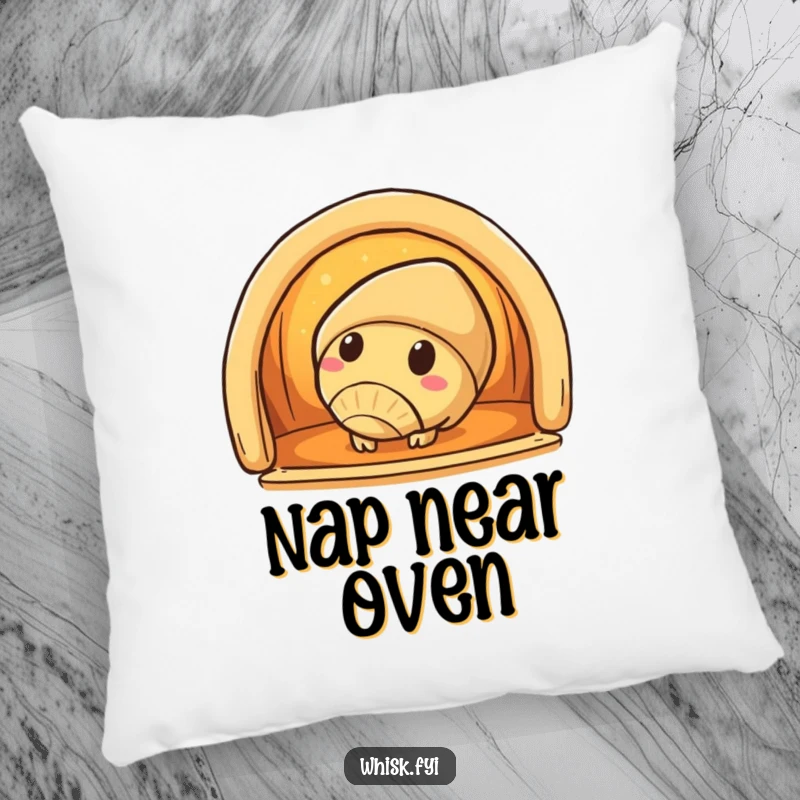 Funny croissant pillow featuring a curious croissant character peeking into a warm oven, perfect for comfort and style.