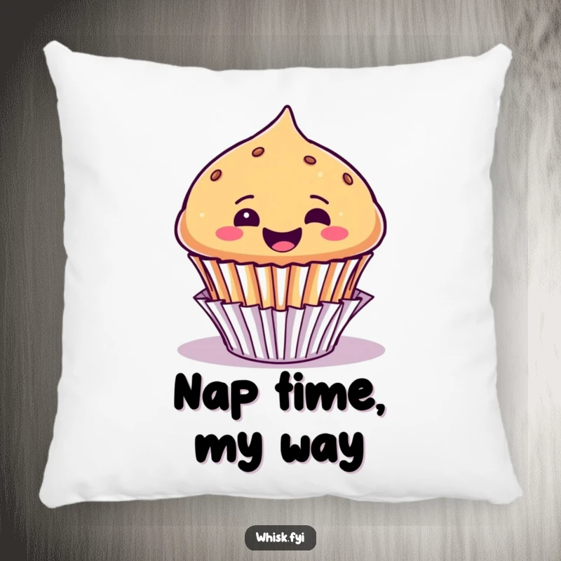 Funny pillow featuring a joyful muffin character popping out of its liner with an expression of pure, uninhibited glee.