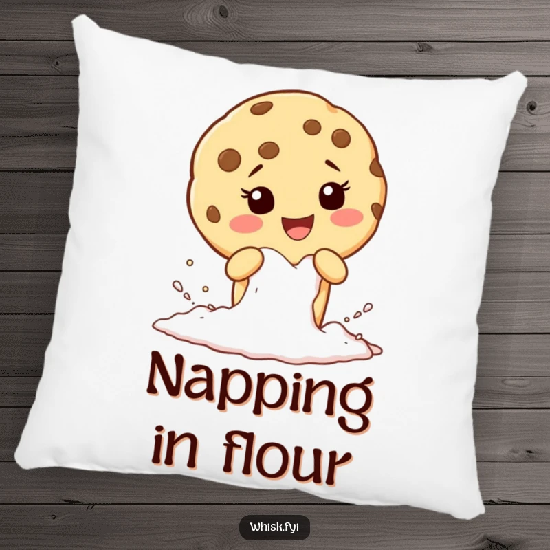 Funny pillow featuring a giggling cookie character sifting flour, perfect for adding a sweet and humorous touch to decor.