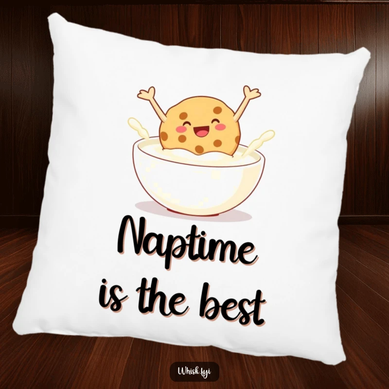 Funny pillow featuring a giggling cookie jumping into milk, providing humorous comfort and a playful touch to any cozy spot.