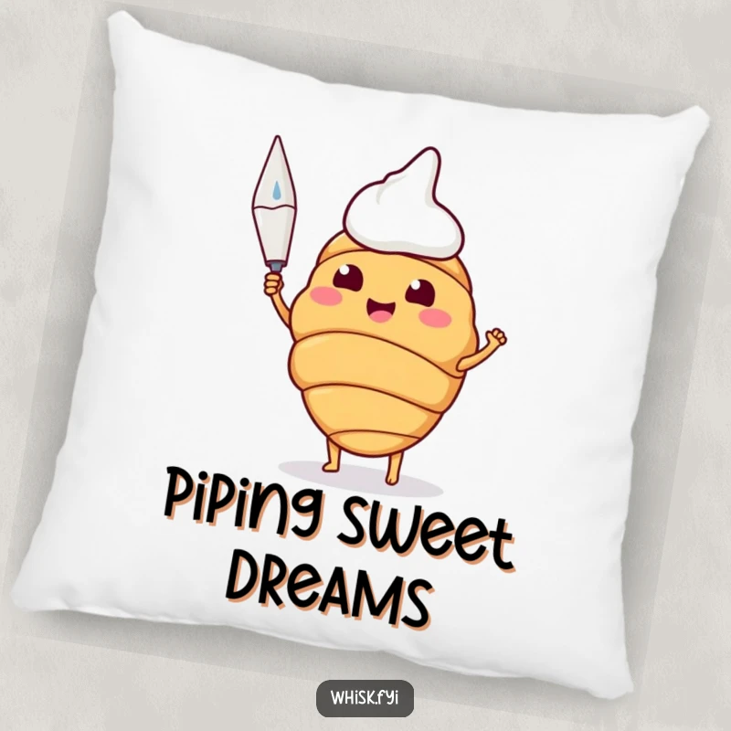 Funny pillow with a happy croissant proudly holding a piping bag, perfect for cozying up.