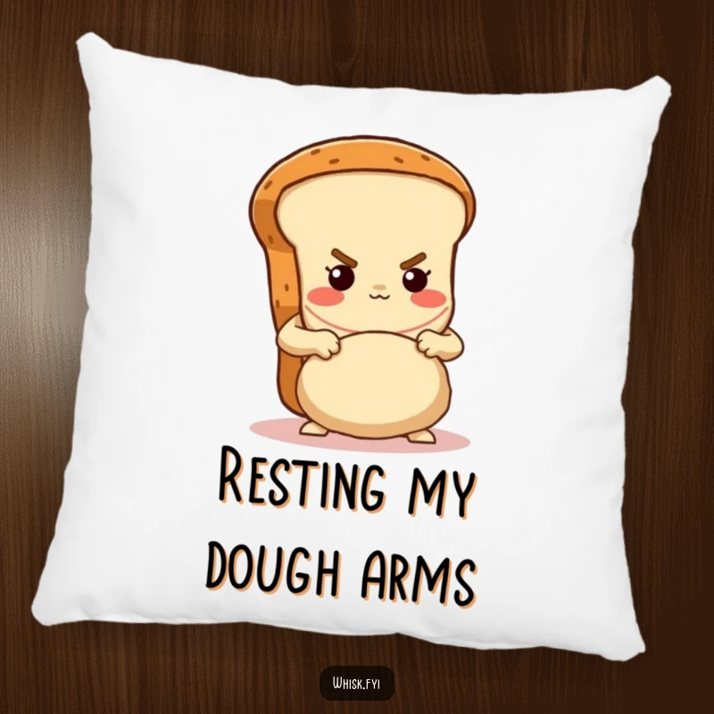 Funny determined brown bread loaf proudly kneading dough with gusto on a soft pillow, adding baking humor to comfort.