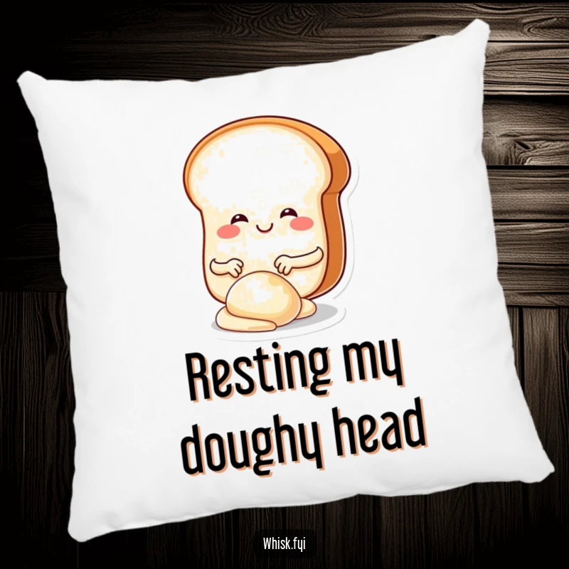 Funny pillow featuring a smiling, round bread slice character joyfully kneading dough with charming tiny hands, a soft baking accent.